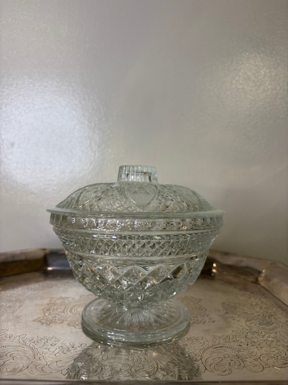 Vintage MakeUp Organizer, Candy Dish Glass Covered Compote Clear Heart Bow